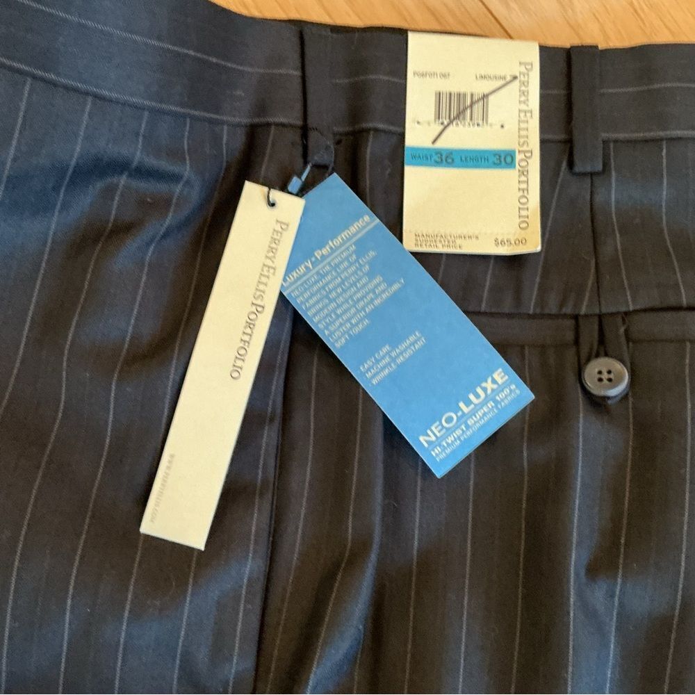 NWT. Perry Ellis Brand Mens Navy Pinstripe Dress Slacks 36 X 30 - Picture 6 of 10